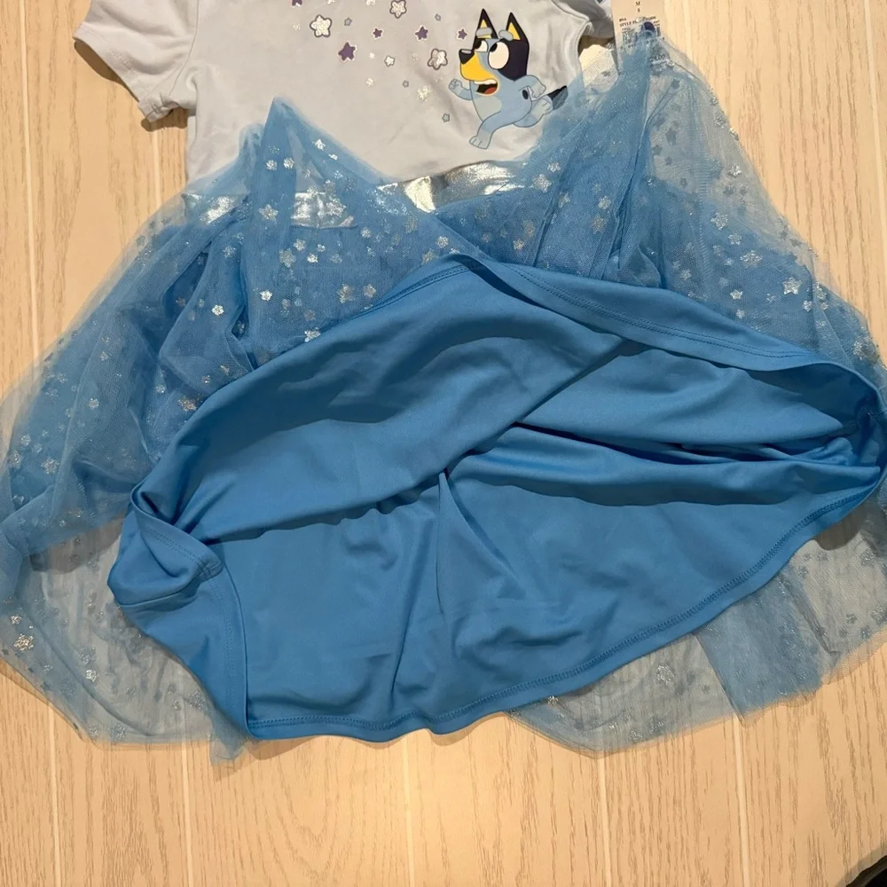 Bluey Hooded Tutu Dress Girls Size M Blue Glitter Star Character Dress NEW